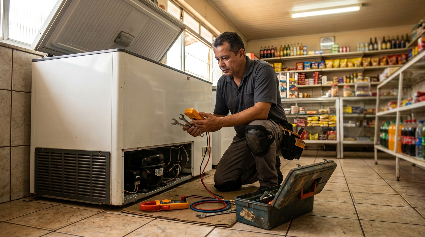 Técnico realizando manutenção de motor de freezer em Aracaju‑SE