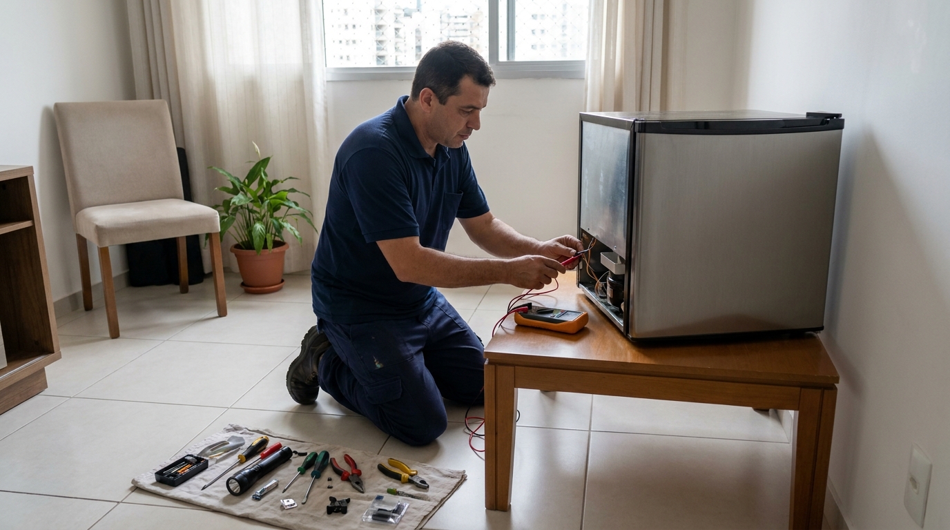 Técnico realizando manutenção de motor de frigobar em Aracaju‑SE