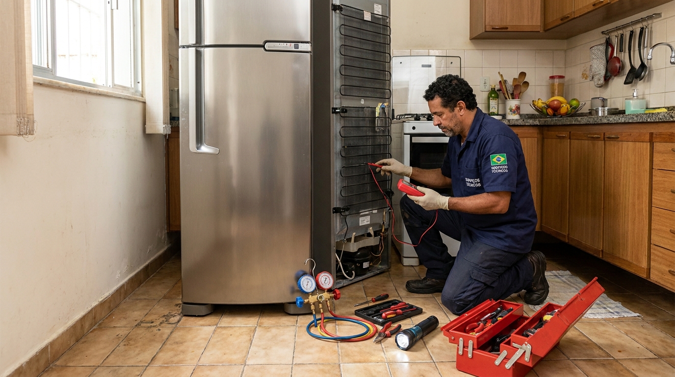 Técnico realizando manutenção de motor de geladeira em Aracaju‑SE
