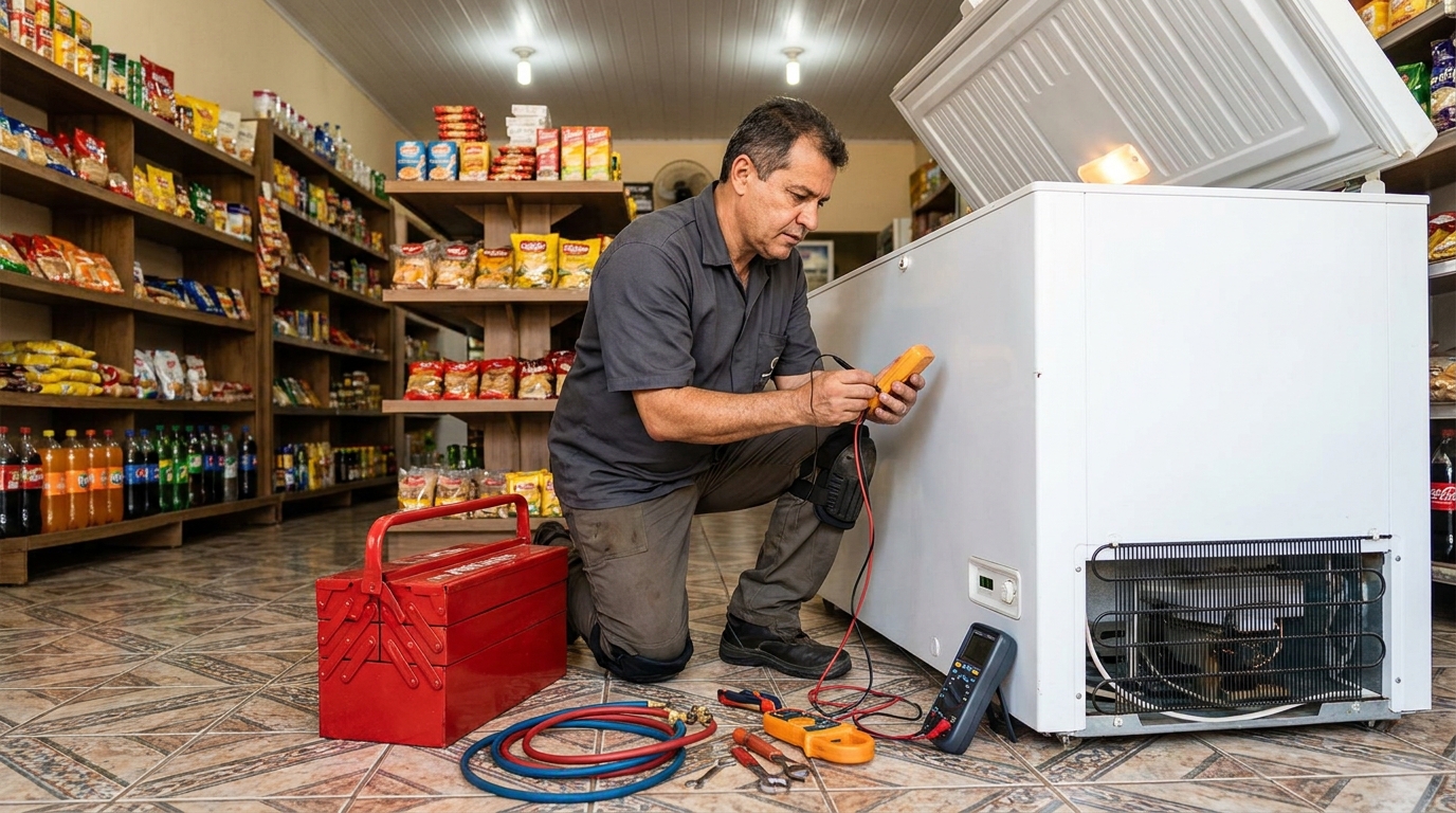 Recarga de gás refrigerante em freezer em atendimento em Aracaju‑SE